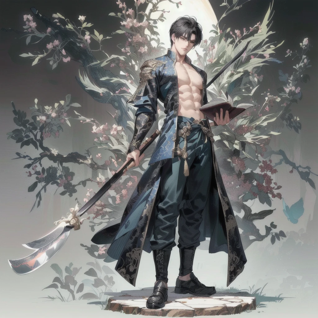 (Extremely complex and exquisite details，masterpiece，Highest quality，Full body picture of a strong, masculine and handsome man with short black hair，Modernity，Strong handsome masculine style，Holding a stick with a machete in his right hand，Holding book in left hand，Showing off muscles)，correct anatomy，Very strong muscles，Exquisite Chinese dragon high contrast background，Broadsword