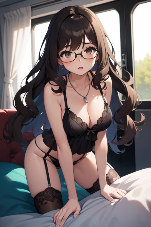 Dark brown eyed girl with long curly brown hair, with black glasses, with black lingerie and 2 silver necklaces, having sex in a van 