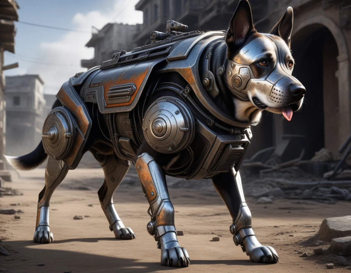 Ultra-realism, ((Masterpiece)), ((Best Quality)), (Very Detailed), ((Very Detailed)), 4K, (8K), very aesthetic, absurdres highres, Create highly textured mechanical dog artwork. This dog has a metallic sheen and realistic texture and is constructed with detailed mechanical elements. The colors are metallic gray and silver, with hints of rust, giving it an aged but advanced technological look. The background is simple and focuses on the intricacy and craftsmanship of the dog design, Design a combat-ready cybernetic dog equipped with powerful weapons, situated in an outdoor battlefield. The dog should have missile launchers on its back, laser guns on its front legs, and a shield on its shoulders. It should be slashing at enemies with its sharp claws while advancing and delivering powerful attacks. The background should depict a war-torn battlefield with destroyed buildings, action pose, dynamic angle,