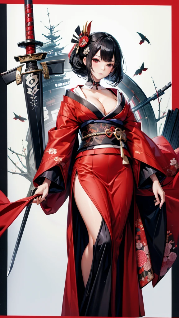Black hair geisha hairstyle adult women,kimono,cleavage,long skirt,Bare Legs,Samurai sword,japanese town