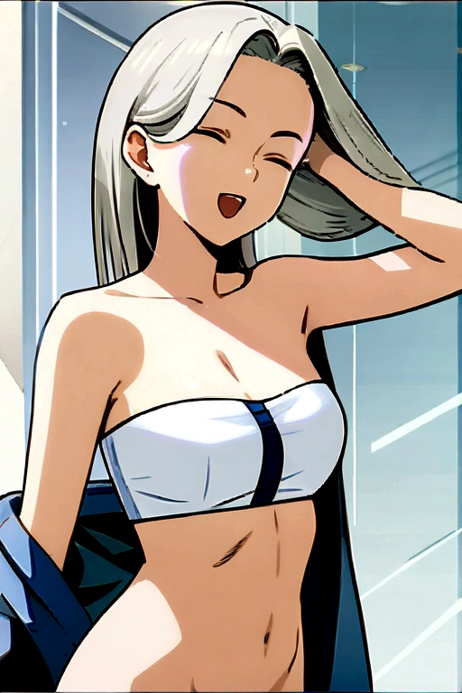((best qualityer, 8K, Masterpiece artwork:1.3)), focusing:1.2, perfect figure beautiful woman:1.4, Perky buttocks:1.2, ((cut your hair in layers:1.2)), (medium breasts),(Vestido Bandeau:1.5), Highly detailed facial and skin texture, A detailed eye, double eyelid,Lighten the skin,cabelo longo e branco,(Keep your mouth closed:1.3),he used to smile