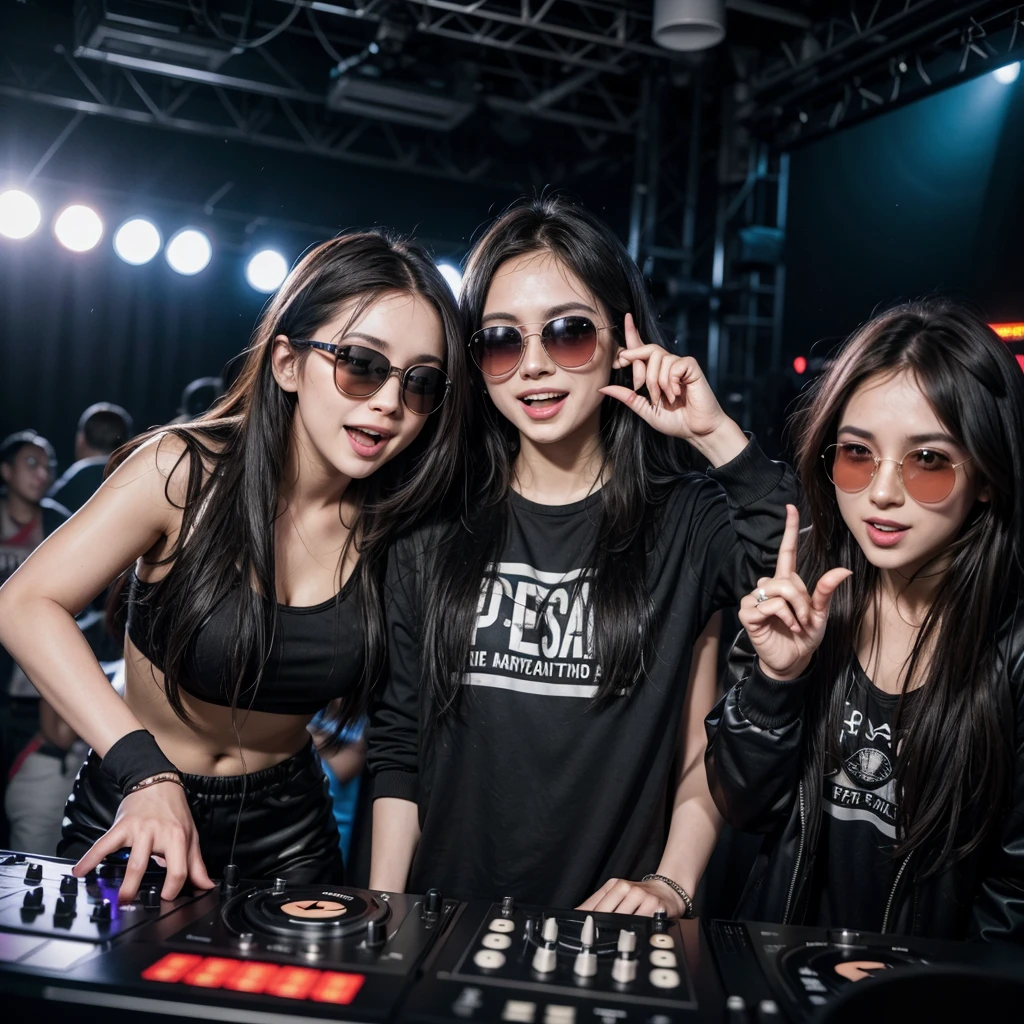 Two 25 year old DJ friends, happy, with sunglasses, putting sound at a rave