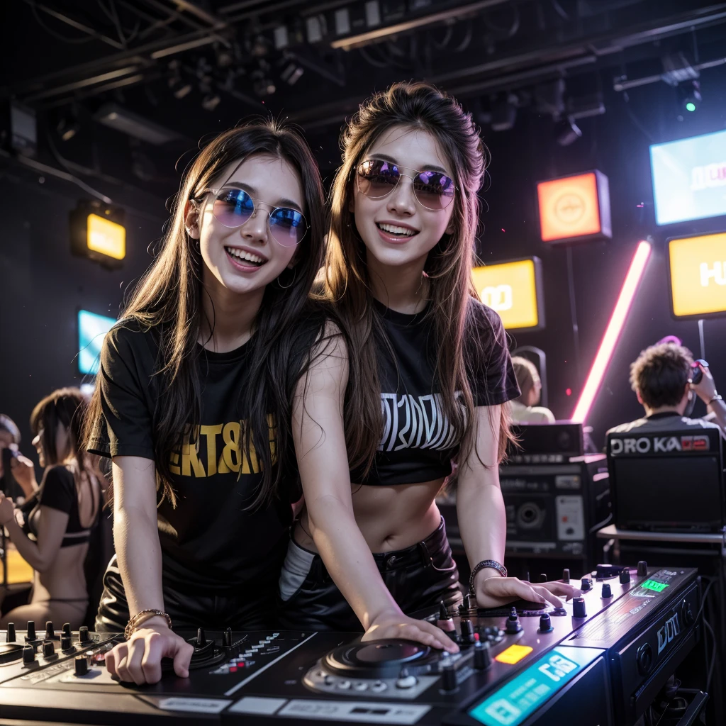 Two 25 year old DJ friends, happy, with sunglasses, putting sound at a rave