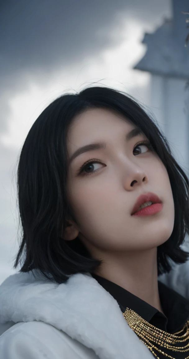 FUBUKI, (BLACK HAIR), Straight hair, TAUT CLOTHES, FUR COAT, JEWELRY, NECKLACE, long face, short hair, straight hair, (photorealistic:1.2), (masterpiece), best quality, (detailed face:1.4), raw photo, ultra realistic 8k, perfect artwork, (background violent tornado and storm :1.2),BREAK, photography,masterpiece,best quality,HDR,highres,realistic details,8K,HDR,highres,absurdres,1girl fly in the air, fubuki,expressionless, tiny breasts,masterpiece,ultra realistic,32k,extremely detailed CG unity 8k wallpaper, best quality