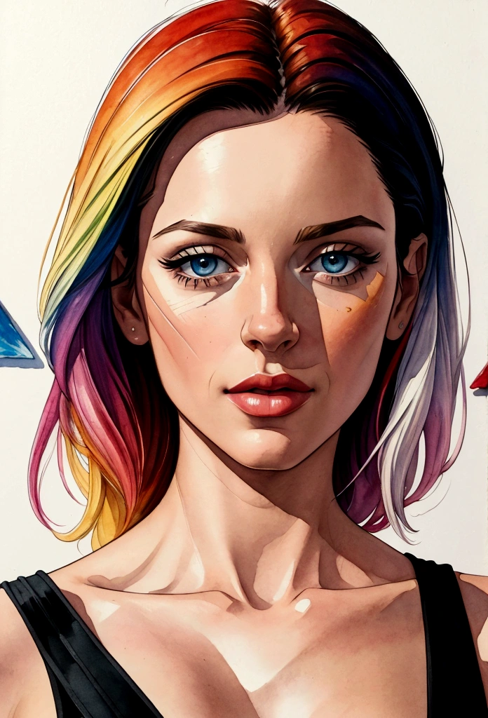 (best quality,4K,8K,highres,masterpiece:1.2),Ultra-detail,realisti,photorealisti,photo-realisti:1.37, Watercolor colors,sharp lines,Comic-Stil,asymmetrical triangle ,Rainbow filling