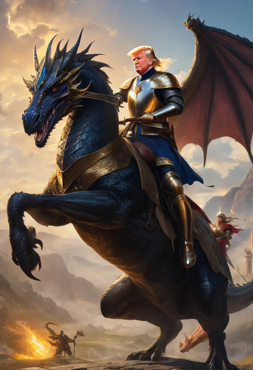 A fearless knight on his steed who looks like DOnald Trump, with shining sword in hand as he approuched a dragon with the face of Joe Biden. Realistic, Highdef.