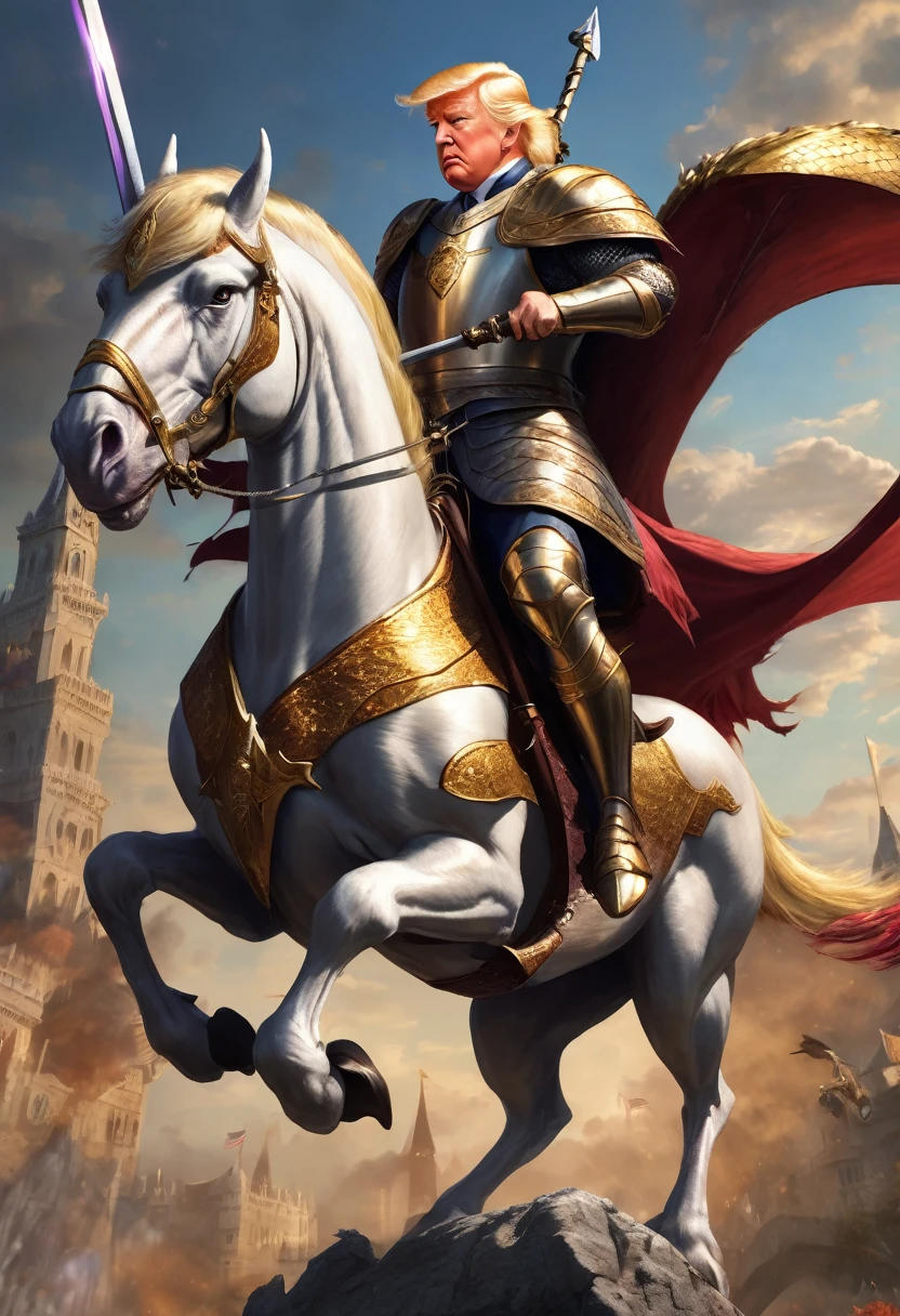 A fearless knight on his steed who looks like DOnald Trump, with shining sword in hand as he approuched a dragon with the face of Joe Biden. Realistic, Highdef.