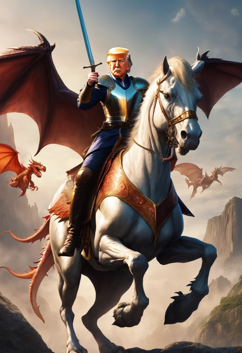 A fearless knight on his steed who looks like DOnald Trump, with shining sword in hand as he approuched a dragon with the face of Joe Biden. Realistic, Highdef.