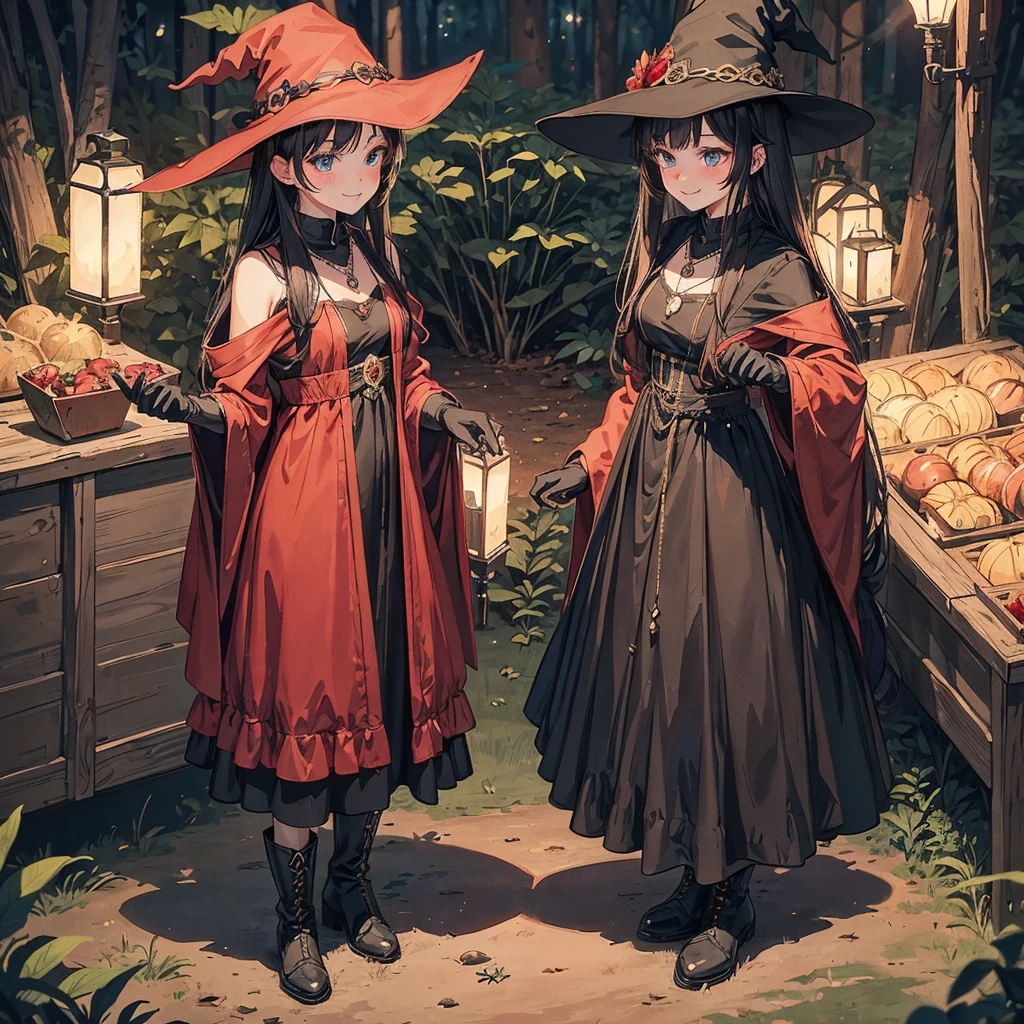 a group of beautiful witch girls in the middle of a forest in the night, standing girl young girl, gloves, elbow pads, boots, smiles, witch hat , small breasts, short black dress, necklaces, jewelry decorations , black red hair , red hair , black hair , blonde hair, blue eyes, full body,