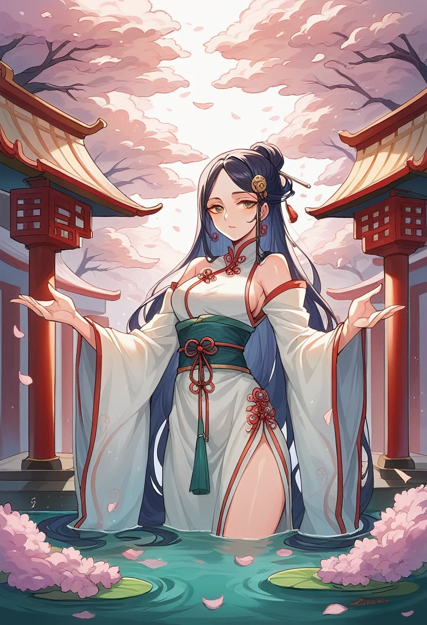 Create a detailed illustration of an elegant Chinese ancient maidservant. She is dressed in traditional Hanfu, with flowing sleeves and intricate embroidery. The maidservant has a serene and graceful expression, her hair is styled in an elaborate updo adorned with delicate hairpins and flowers. She stands in a classical Chinese garden, surrounded by blooming cherry blossoms, a tranquil pond, and traditional architecture. The scene is set in soft, warm lighting to capture the ethereal beauty and timeless elegance of ancient China.