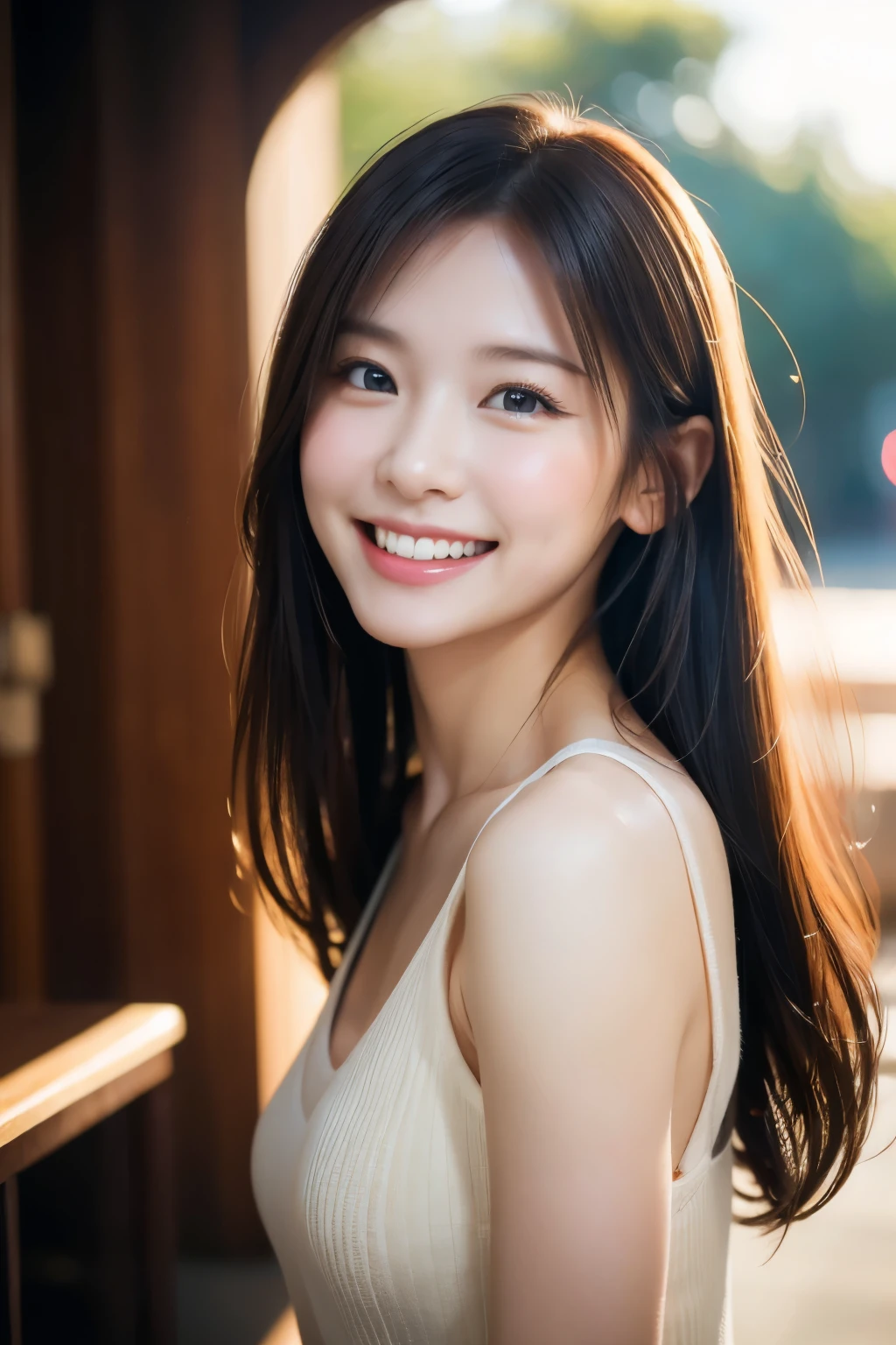 face focus, Portrait, best quality, super fine, 16k, beautiful cute woman smiling gently with ennui expression, background simple with warm atmosphere