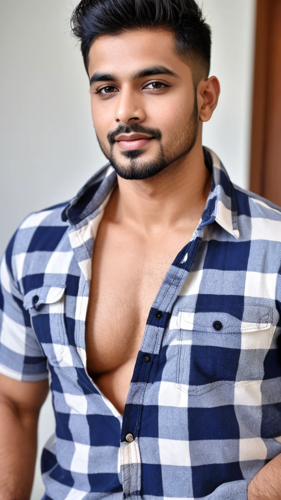 A base model of a sexy indian man wearing a flannel shirt, homoerotic, nsfw , handsome face, detailed eyes 