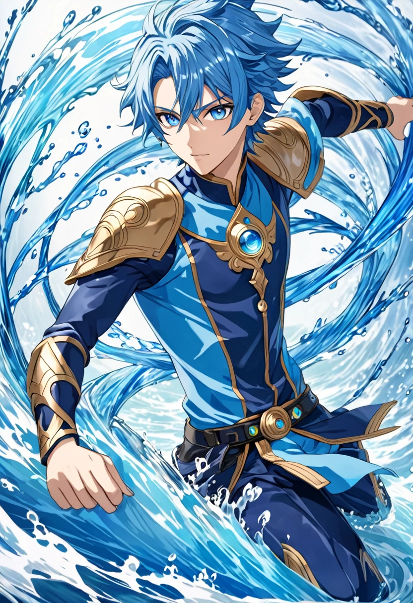 anime model, blue hair boy, blue colored eyes, water element powers, work of art.