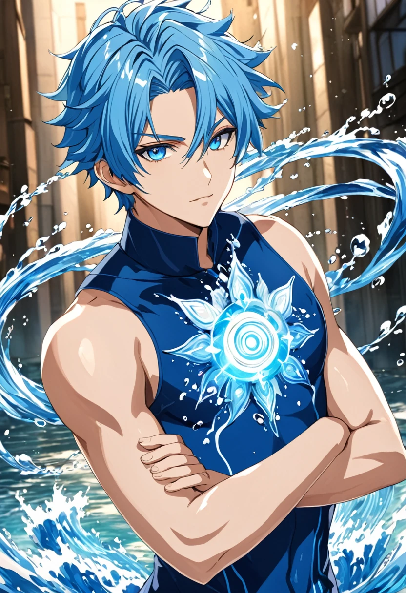 anime model, blue hair boy, blue colored eyes, water element powers, work of art.