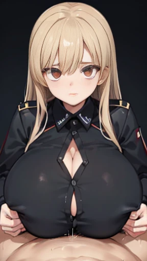 A girl who wears military clothes, brown heirs, gigantic breasts, anime cartoon, german third reich, ((highest quality)), ((masterpiece)),