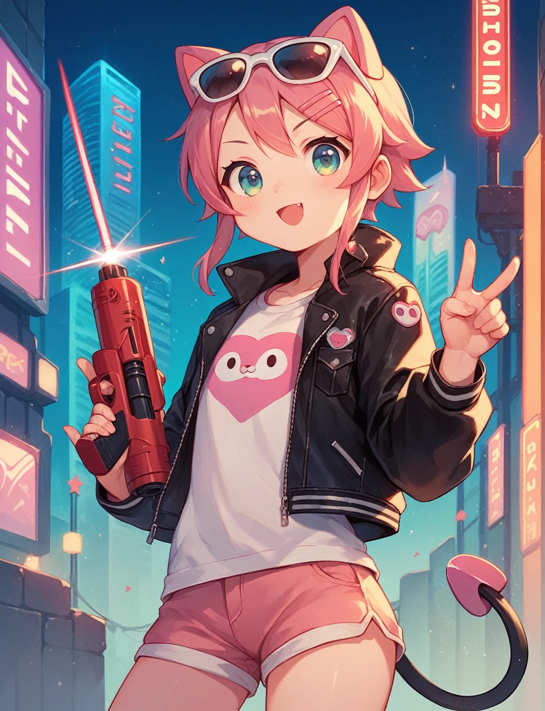 cute pets, an adorable mono cyborg kawaii super cute, wearing sunglasses, leather jacket, Robot tail, high quality, digital art illustration, neon city background, holding a small laser gun