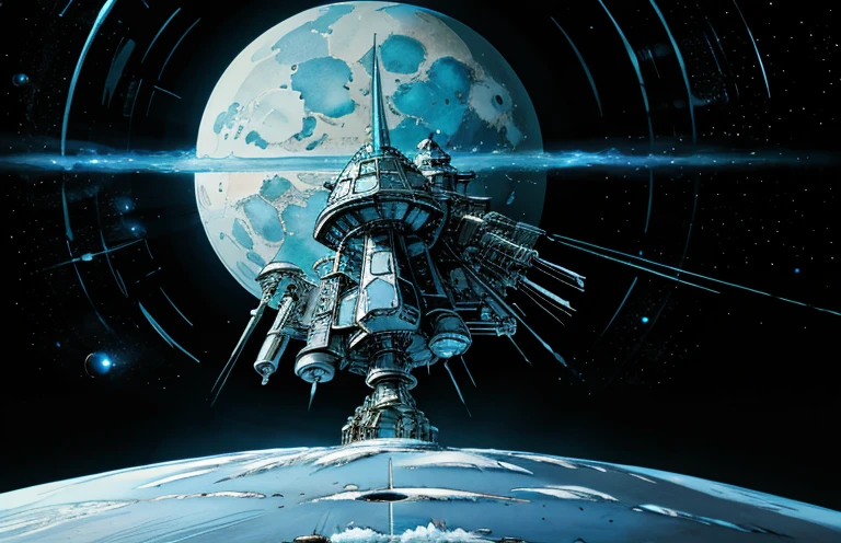 Close UP of an immense spaceship, In the background a gigantic, huge frozen and white planet in the universe.