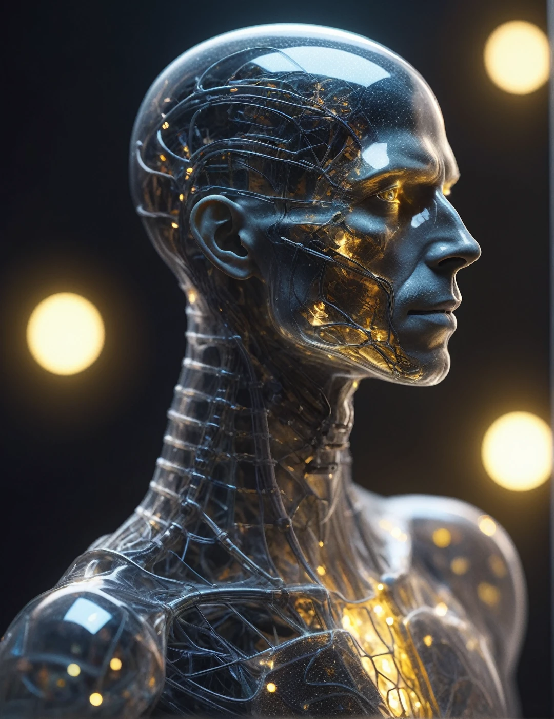 mesmerizing realistic photo of a (Cybernetic male figure made entirely of otherworldly luminescent and translucent materials:1.05) (Trying to Pull Artificial Skin Over Cybernetic Implants:1.2), transparent body, veins and bones visible through translucent tissues and transparent skin, intricate fabric details, detailed vegetables, Natural soft light early in the morning, Translucent bioluminescent materials, Ultra-realistic, (Voronoi Standard, Depth of field, (wavy bokeh:1.275), (Kodak porta 400:0.875) :1.15), (realistic complex futuristic background, Many futuristic kitchen gadgets:1.1), shiny glass, (rim lighting, low key light:1.15), heavenly, ethereal, epic, magic light flames, Soft and dreamy natural lighting, ((warm yellow and deep carbon:0.7), (cinematic appearance:1.15):1.15)