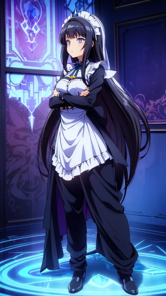 best quality, extremely detailed, anime style adult 1girl, long hair down to the waist, straight hair, ((dark black hair with bluish)), beautiful detailed eyes, pinched eyes, dark blue eyes, huge breasts,curvy, ((((Male butler's outfit with elements of a princess)))),((trousers)),((Luxury rooms)),game cg,(in umamusume's 3D style)