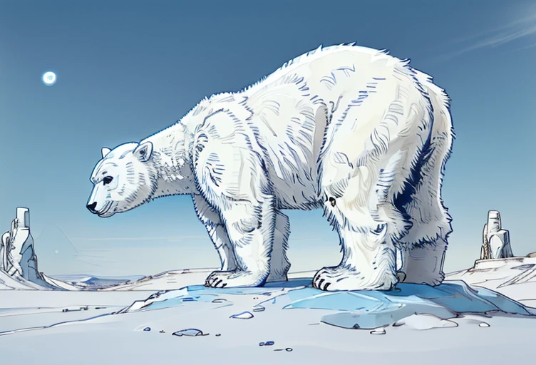 ((A humanoid white polar bear with abnormal musculature, very robust, blue eyes is standing looking up looking at the sky and uses some animal hides as clothing)), frozen ground and desert scenery, no trees there are no plants on this planet. Low left photography angle