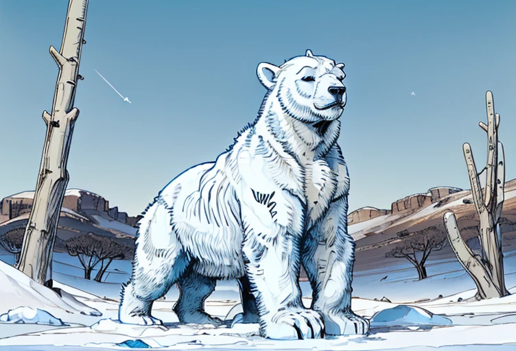 ((A humanoid white polar bear with abnormal musculature, very robust, blue eyes is standing looking up looking at the sky and uses some animal hides as clothing)), frozen ground and desert scenery, no trees there are no plants on this planet. Low left photography angle