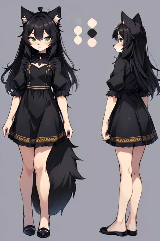 ( Absurdly , High quality , ultra detailed ) ,( hand detailed ) absurdres(highly detailed beautiful face and eyes)perfect anatomy, 1girl, solo, young (concept art, character sheet) (wolf fox) (10-year-old (female black wolf), (flat chest) (bright green eyes), ((black fur, extremely long black hair))) ((wolf girl yellow dress)) Fluffy anthropomorphic wolf fox, Fluffy wolf, wolf tail, Body fur, (detailed eyes) black wolf, yellow cute dress with ribbon, pure black fur, yellow dress, dark blue ribbon, short nose, short snout, cute face (concept art, character sheet) young girl kemono, knee length hair, adorable, cute shy posture, looking at viewer ((extremely detailed fur)) (extremely detailed eyes) calm (((concept art, character sheet, (multiple views)))) ((adventure clothing (cute dress))), bright green eyes, hair goes down to feet, extremely long hair