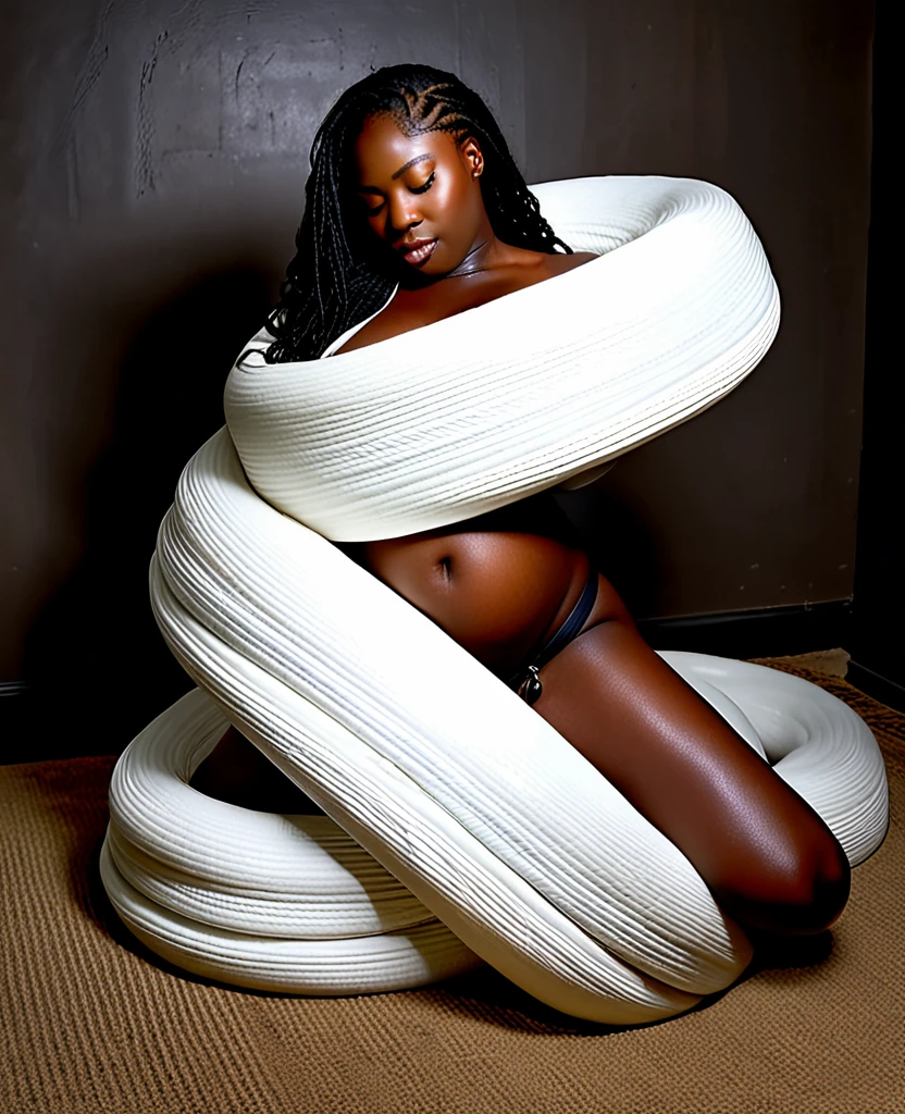 Pregnant Happy Horny, aroused 1girl), beautiful kneeling ebony young girl with giant colossal white titanboa squeezing her hard, wrapped in thick spiraling coils, constricted, struggle, gasping for air, snake attack, snake peril, moonless night, dim light