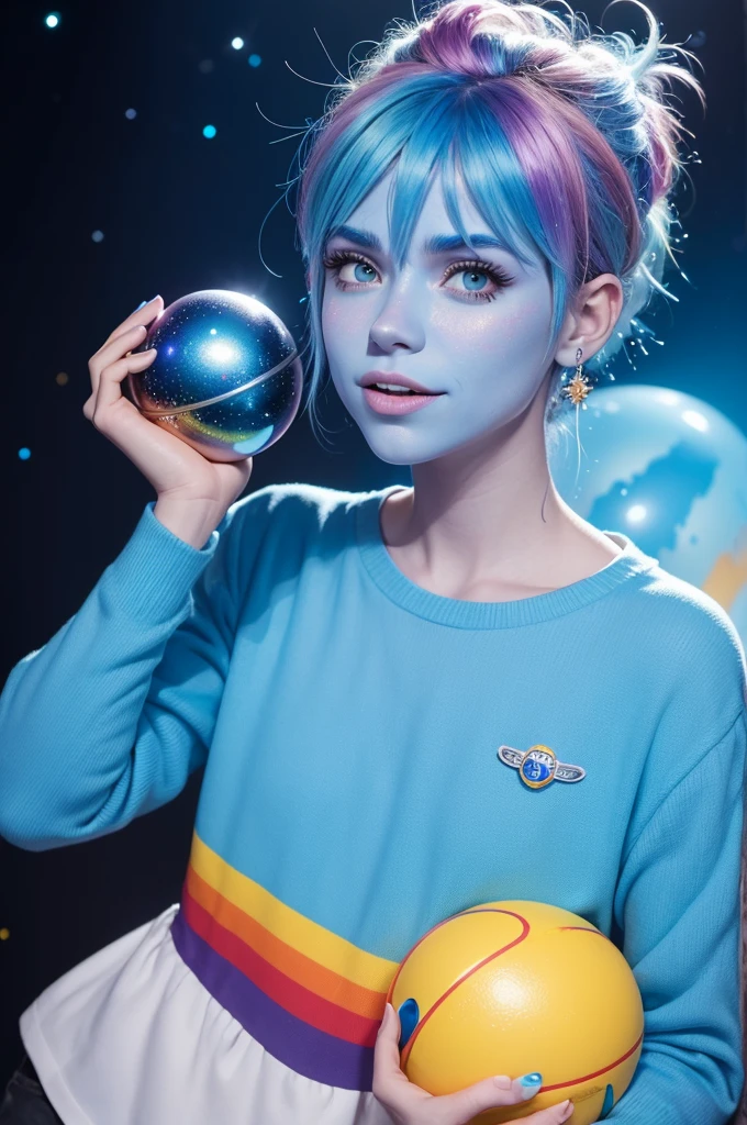 I want a photo of an emotion from the pixar movie, one with blue skin, rainbow hair with glitter, cara gordo, holding a sphere