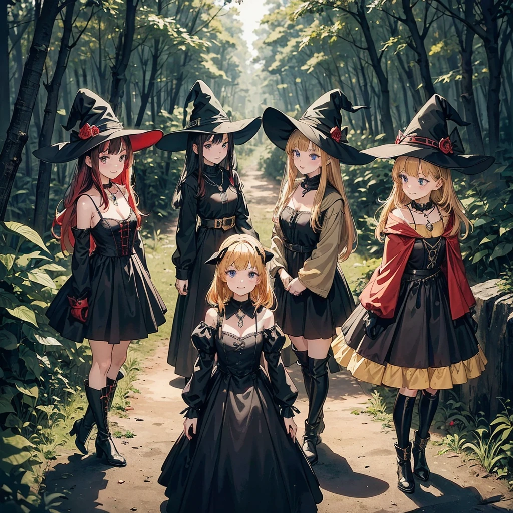 a group of beautiful witch girls in the middle of a forest in the night, standing girl young girl, gloves, elbow pads, boots, smiles, witch hat , small breasts, short black dress, necklaces, jewelry decorations , black red hair , red hair , black hair , blonde hair, blue eyes, full body,