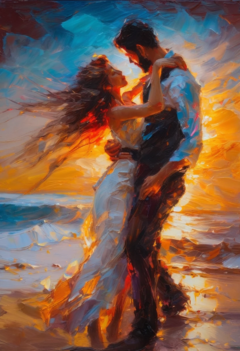 closeup intimate passionate love scene of 1 man and 1 woman entwined on beach, Henry Asencio oil painting style, photorealistic, glowing warm lighting, vibrant colors, highly detailed, sharp focus, 8k