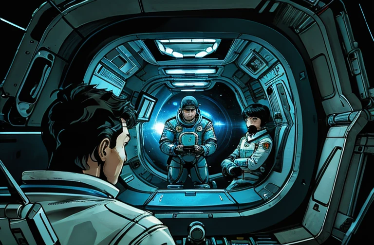 In the image we have 2 Astronauts in space uniform piloting a spacecraft, view inside the spacecraft. A humanoid robot is nearby helping.