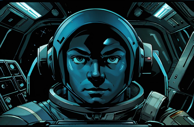 In the image we have 2 Astronauts in space uniform piloting a spacecraft, view inside the spacecraft. A humanoid robot is nearby helping. 