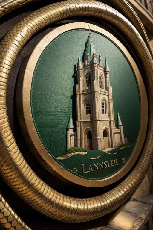 create a coat of arms for the Lancaster family whose symbol is a snake coiled around the tower of a castle with the predominant color green
