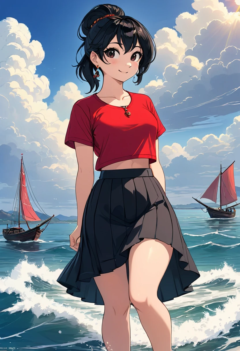 OliveOyl, short black hair with ponytail, black eyes, solo, upper body ,
red shirt , black long skirt, small earrings,
standing,    hips, 
smiling, waterboat,  sunny, clouds,
 (insanely detailed, beautiful detailed face, masterpiece, best quality)
 