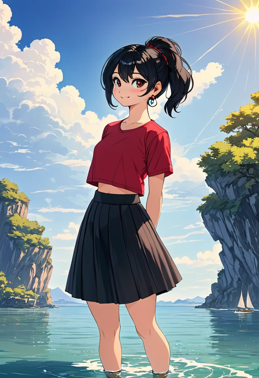 OliveOyl, short black hair with ponytail, black eyes, solo, upper body ,
red shirt , black long skirt, small earrings,
standing, hips,
smiling, waterboat, sunny, clouds,
(insanely detailed, beautiful detailed face, masterpiece, best quality)