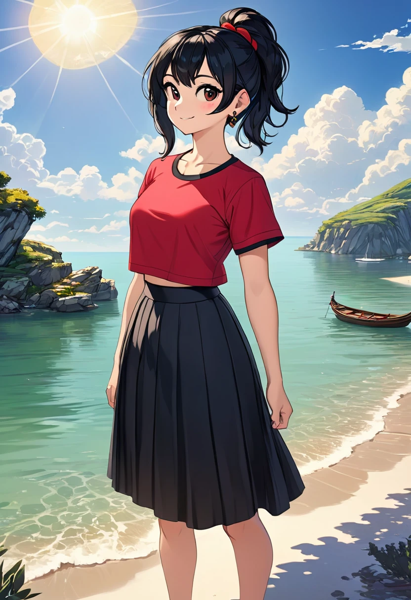 OliveOyl, short black hair with ponytail, black eyes, solo, upper body ,
red shirt , black long skirt, small earrings,
standing,    hips, 
smiling, waterboat,  sunny, clouds,
 (insanely detailed, beautiful detailed face, masterpiece, best quality)
 