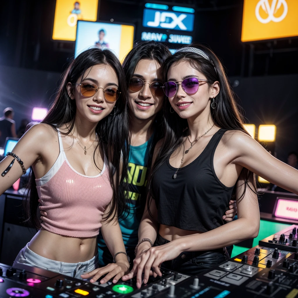 Couple of DJ friends, de 25 anos, happy, with sunglasses, putting sound at a rave