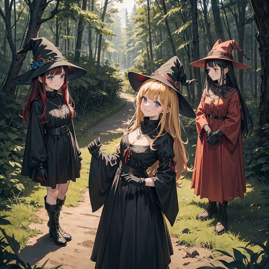 a group of beautiful witch girls in the middle of a forest in the night, standing girl young girl, gloves, elbow pads, boots, smiles, witch hat , small breasts, short black dress, necklaces, jewelry decorations , black red hair , red hair , black hair , blonde hair, blue eyes, full body,