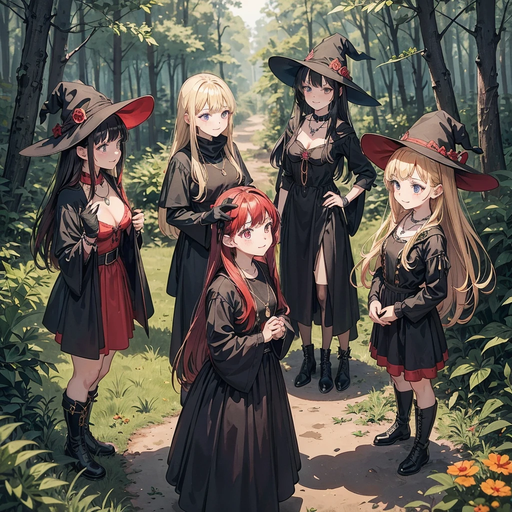 a group of beautiful witch girls in the middle of a forest in the night, standing girl young girl, gloves, elbow pads, boots, smiles, witch hat , small breasts, short black dress, necklaces, jewelry decorations , black red hair , red hair , black hair , blonde hair, blue eyes, full body,