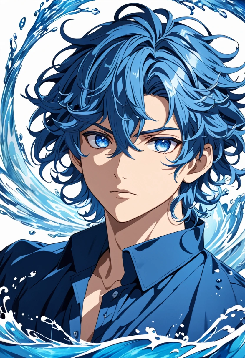 anime model, boy with blue wavy hair, blue colored eyes, water element powers, work of art.