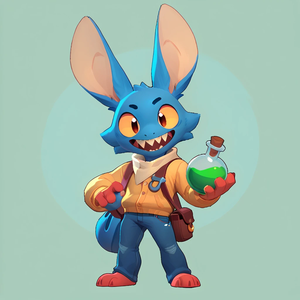 Full body view from a round creature with blue fur, male, long ears, smiling, sharp teeth, wearing jeans, friendly round creature, holding a green potion in his hand