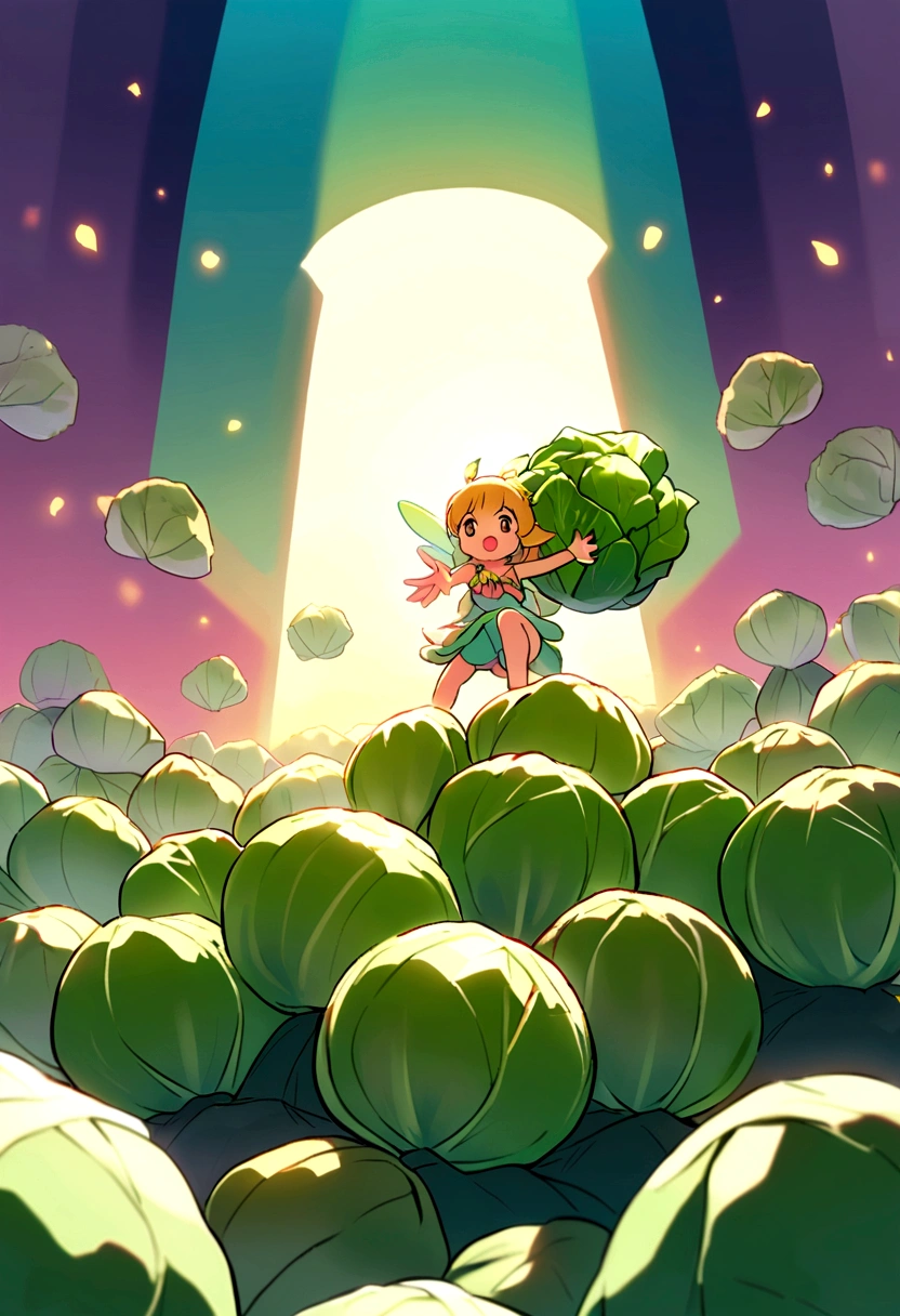 a cute fairy flying over a pile of cabbages, holding one cabbage on her hand