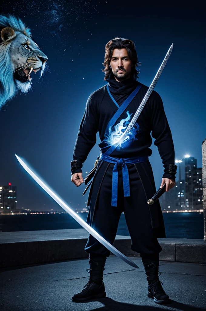 A ninja in a sweater with a sword with blue fire next to a lion in a city at night 