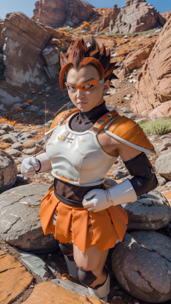 ((masutepiece:1.4, Best Quality)), ((masutepiece, Best Quality,8K)), (photographrealistic:1.4), (Cowboy Shot, Solo, Male Focus, 1boy, Vegeta, Serious, Looking at Viewer, Black spiked hair, Black eyes, armor, Enamel Bodysuit, White Gloves), (rocky ground, Rocky mountain, skyporn), Professional Lighting, Physically-based rendering(((sayan armor white,with orange shoulder pads, and orange armor skirt, wearing scouter sayajin )))(((super sayan spik hair))).