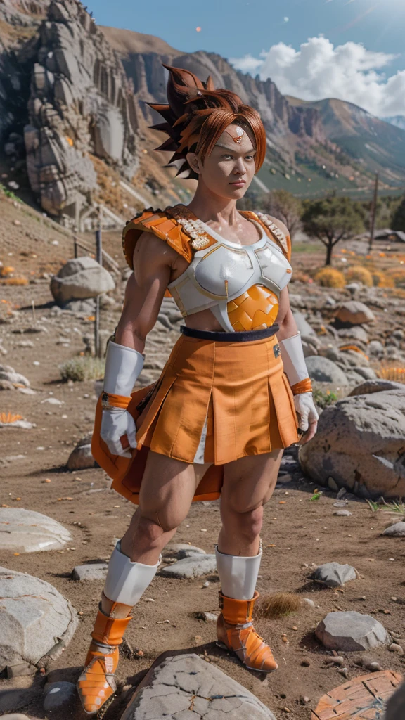 ((masutepiece:1.4, Best Quality)), ((masutepiece, Best Quality,8K)), (photographrealistic:1.4), (Cowboy Shot, Solo, Male Focus, 1boy, Vegeta, Serious, Looking at Viewer, Black spiked hair, Black eyes, armor, Enamel Bodysuit, White Gloves), (rocky ground, Rocky mountain, skyporn), Professional Lighting, Physically-based rendering(((sayan armor white,with orange shoulder pads, and orange armor skirt, wearing   scouter sayajin )))(((super sayan spik hair))).