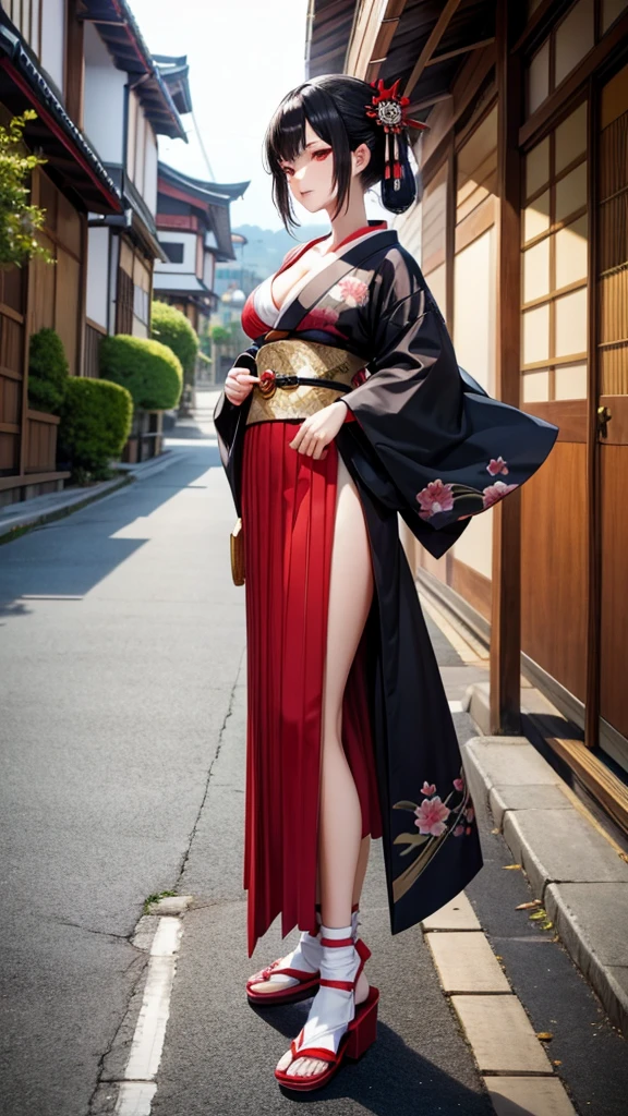 Black hair geisha hairstyle adult women，kimono，cleavage，long skirt，Bare Legs，White socks，Straw sandals，Samurai sword，japanese town