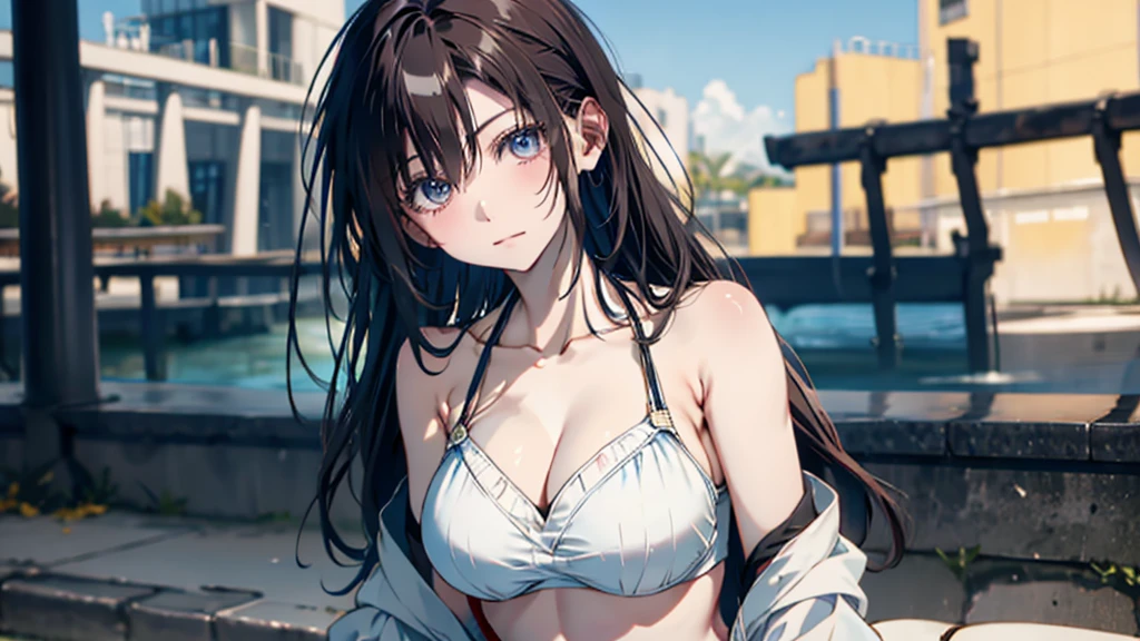 White off-the-shoulder bikini on the beach in Palau(Bikini without shoulder straps、No shoulder strap、show your shoulders)surreal japanese portrait,Works that influenced Antonio Lopez'Techniques, Close zipper, Ron Mueck, Richard Estes, and Marilyn Minter、Purple and blue gradation eyes wrapped in the mystery of the universe,(string bikini:1.2)、perfect lighting, (perfect hands, perfect anatomy)、whole body(1:2)、It's windy、outstanding style,Complete body balance、dynamic acid pose(1:2)、(16:Existence specialized in aspect ratio of 9)