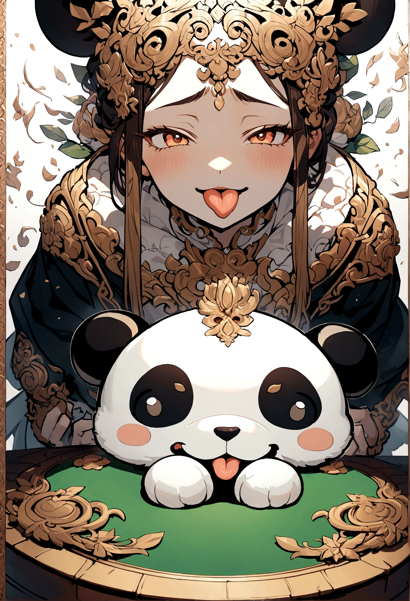 List of cute Chinese giant panda emojis,cartoon animals,A green bamboo leaf on the head,Hands on hips,Short legs, (((Sad face,Excited face,Naughty tongue out face,Winking teasing face))) , (((Detailed panda animal portrait table,Front view,side view,three quarter view))) (((White background))),masterpiece,Extreme details,8K resolution,panoramic,Depth of Field
