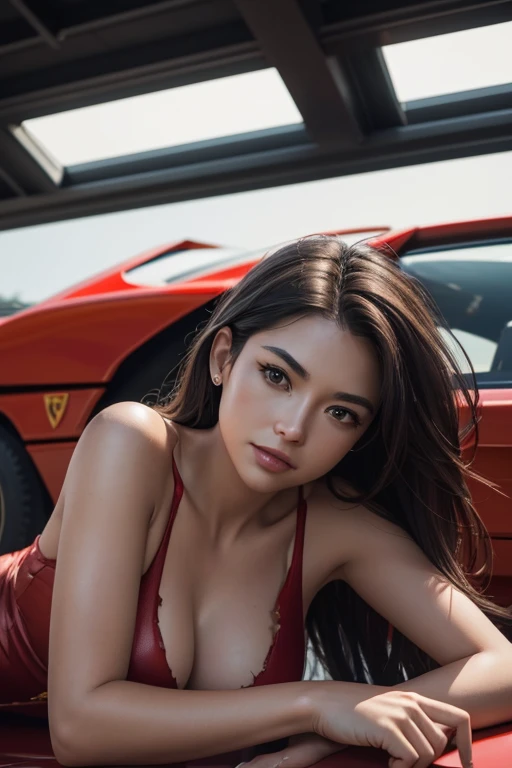 Very high quality digital photography, realistic and very detailed in 4k, A portrait photo of a girl lying on the roof of a red Ferrari F40.. Torn clothes (transparent red dress) exposing body, bare shoulders, provocative pose, fur rizados, medium breasts, sensual, Hyper realistic, hyperrealism, 8k, cinematic lighting, greg rutkowski, Oh!, (F1.8 close focus bokeh). (riocam), (Unfiltered), (do not censor)