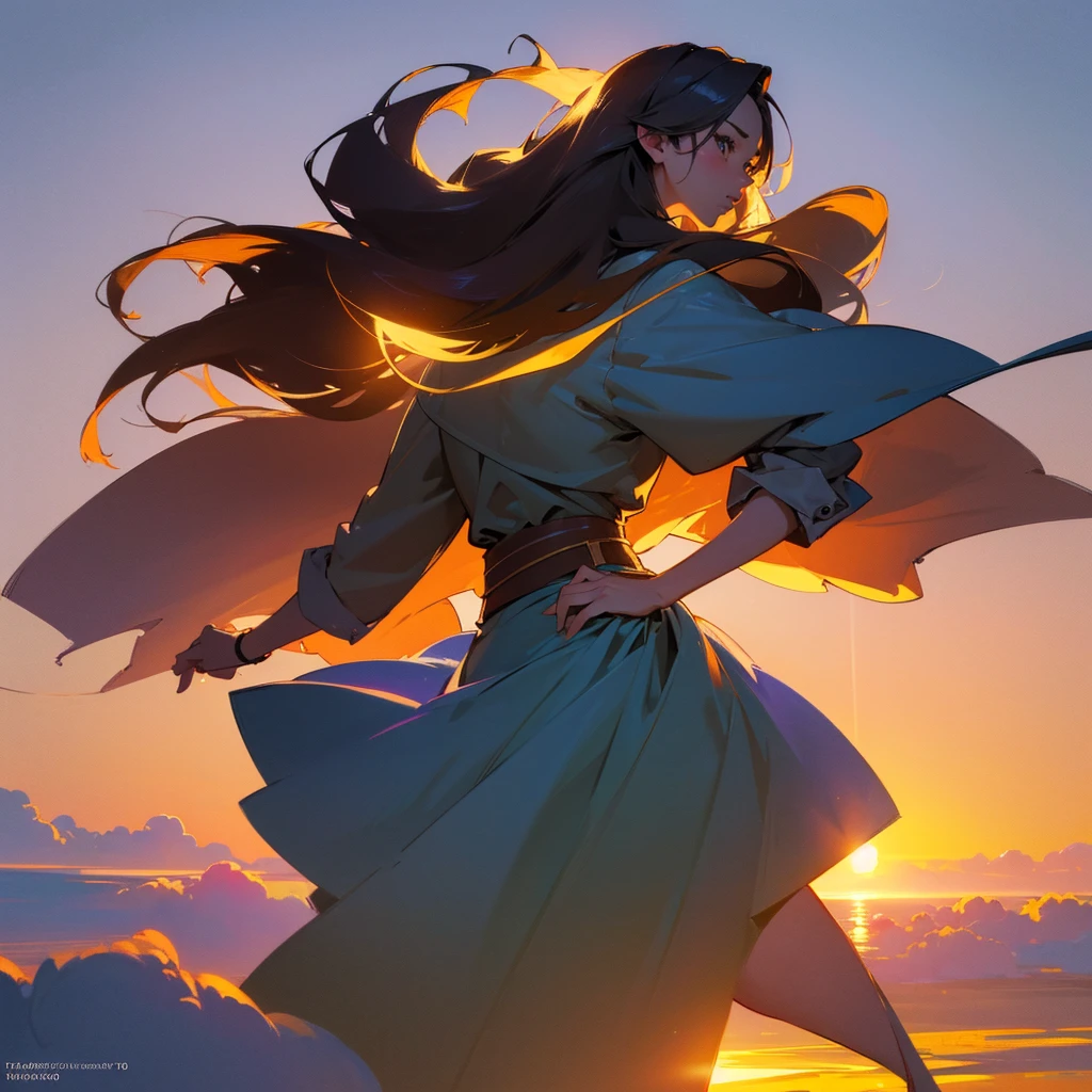 a girl floating above the clouds, looking at the sunset, view from behind of her back and the sun, girl looking at the sun, detailed face and eyes, detailed clothing, glowing golden sunset, dramatic lighting, cinematic, realistic, photorealistic, (best quality,4k,8k,highres,masterpiece:1.2),ultra-detailed,(realistic,photorealistic,photo-realistic:1.37),HDR,UHD,studio lighting,extremely detailed,professional,vivid colors,dramatic lighting